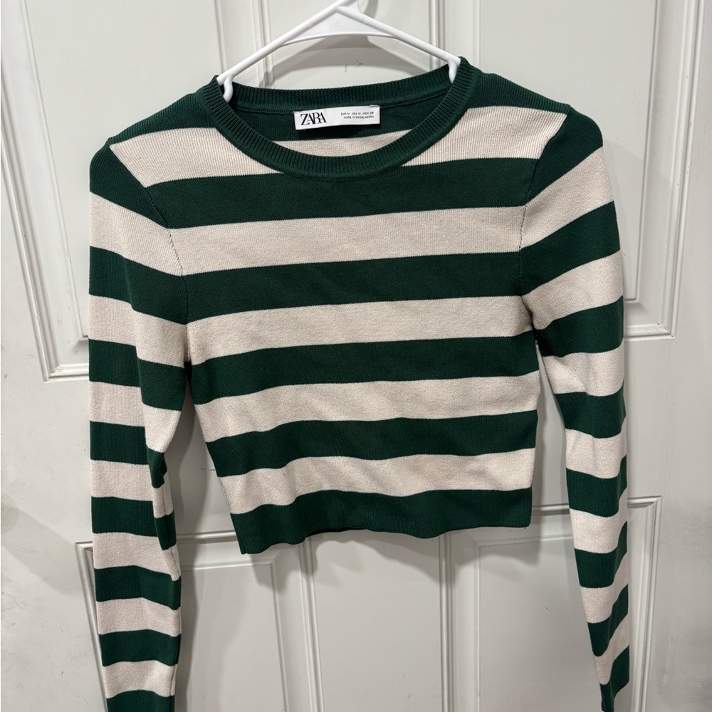 Zara Striped Crop Top in Green and Cream
